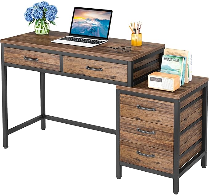 LITTLE TREE 5 Drawers Computer Desk Desk with Reversible File Drawer Cabinet for Home Office Brown