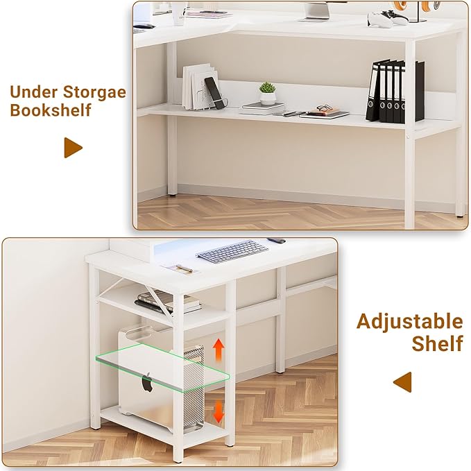 Unikito Reversible L Shaped Computer Desk with Power Outlets and Monitor Stand Sturdy Corner Desk with RGB LED Light and Storage Shelves Modern Work Desk for Home Office Easy to Assemble White