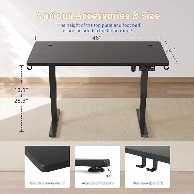 YIHAYO Low Height Adjustable Desk Lifts 18.1-28.3 Inches Electric Standing Desk for Short People 48 x 24 Inches Computer Table with Splice Board for Home Office Black