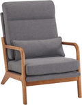 Mid-Century Modern Accent Chair with CushionHigh Back Solid Wood Armrest Chairs Backrest Linen Fabric Indoor Leisure Chair for Living RoomBedroomReadingBalcony (Grey)