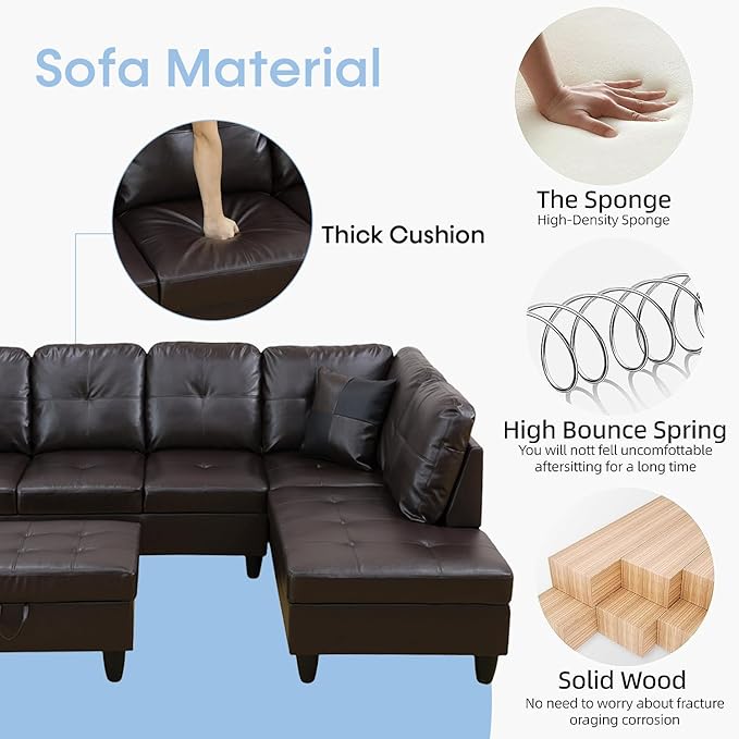 Sectional Couch for Living Room Furniture SetsBrown Leather Sectional Sofa L Shape Couch with Chaise and Storage Ottoman for Living Room/Apartment/Office（Facing Right Chaise）