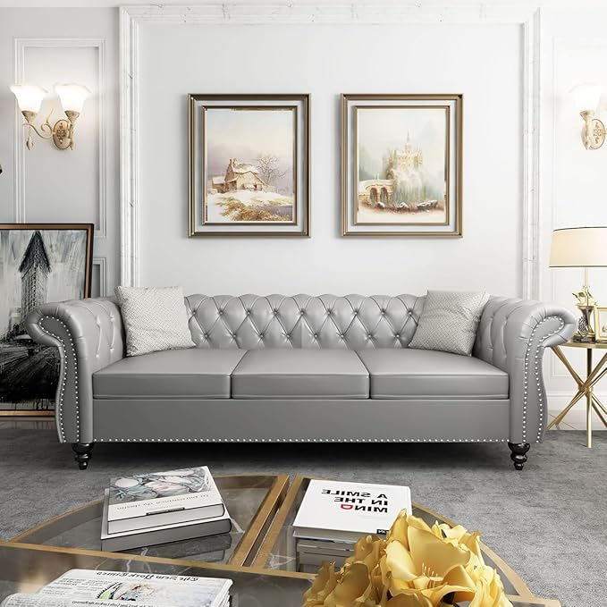 Chesterfield 3 Seater Sofa Modern Leather Tufted Couch 3 Seater with Rolled Arms and Nailhead Mid-Century Upholstered Couch for Living Room Bedroom Apartment and Office Grey