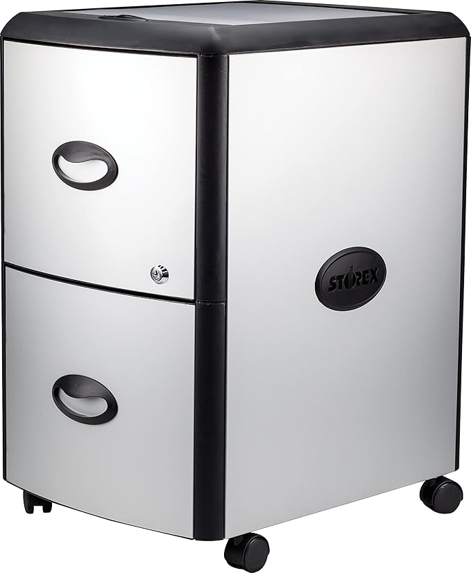 Storex Plastic 2-Drawer Mobile File Cabinet with Metal Accents Flat Top 19 x 15 x 23 Inches Black/Gray (61351C01C)
