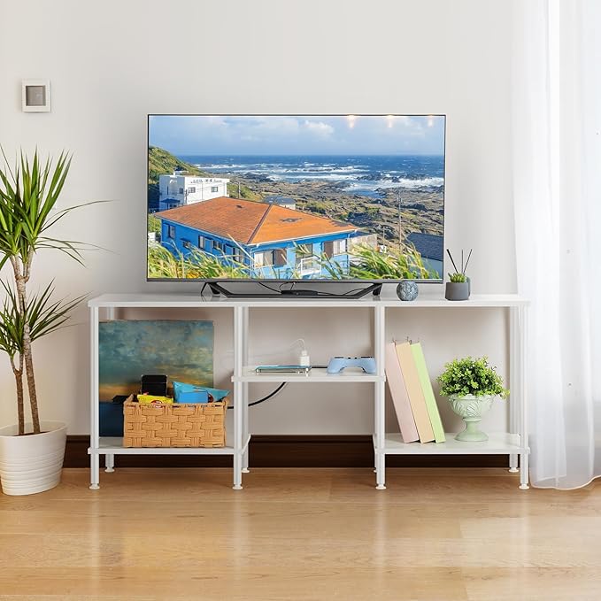 TV Stand for Bedroom up to 50 Inch Modern TV Stands with Power Outlets Small Entertainment Center with Storage 3 Tier TV Cabinet Console Table for Living Room Bedroom Office White
