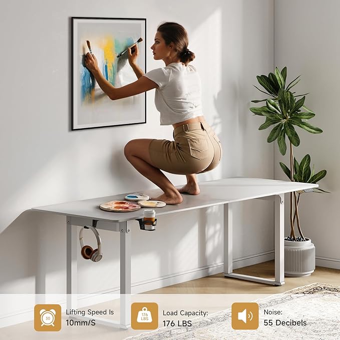 ONBRILL Standing Desk 63x30 Inches Rectangle Stand Up Desk with 4 Legs Dual Motor and Memory Controller Adjustable Height from 28-46 Inches for Home and Computer Workstation White