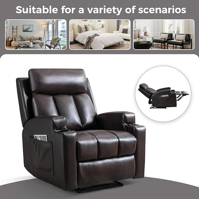 CANMOV Manual Recliner Chair with Massage and HeatBreathable Leather Recliner Chair with Armrest and Backrest Manual Reclining Single Sofa with 2 Cup Holders Side Pocket for Living RoomDark Brown