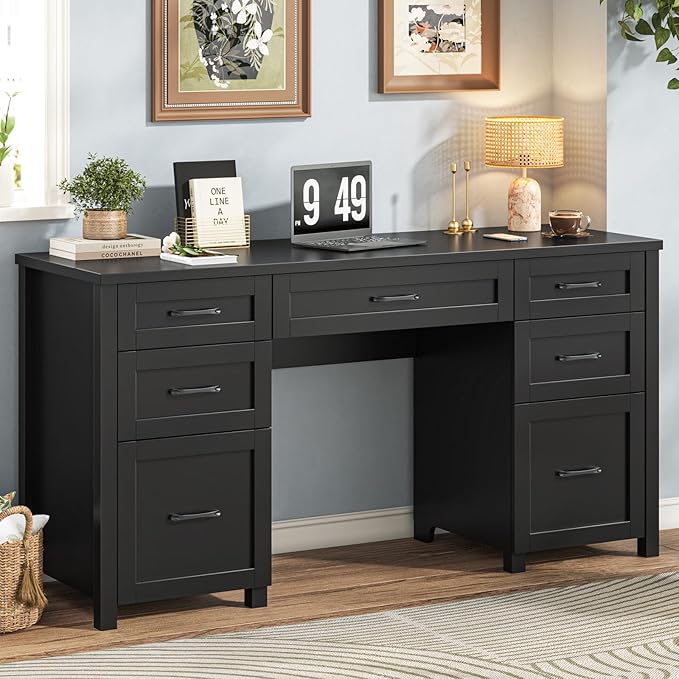 Farmhouse 61'' Executive Desk with 5 Drawers Rustic Office Desk Computer Desk with File Drawers and Storage Cabinet Wood Workstation for Home Office and StudyPure Black