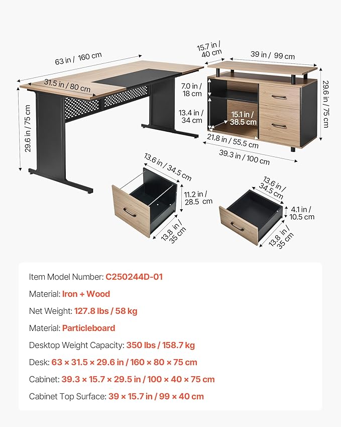 VEVOR 63 L-Shaped Executive Desk Large Office Desk with Drawers File Storage Cabinet Detachable 350 LBS Load Capacity Corner Table Easy Assembly Business Furniture Workstation for Home Office