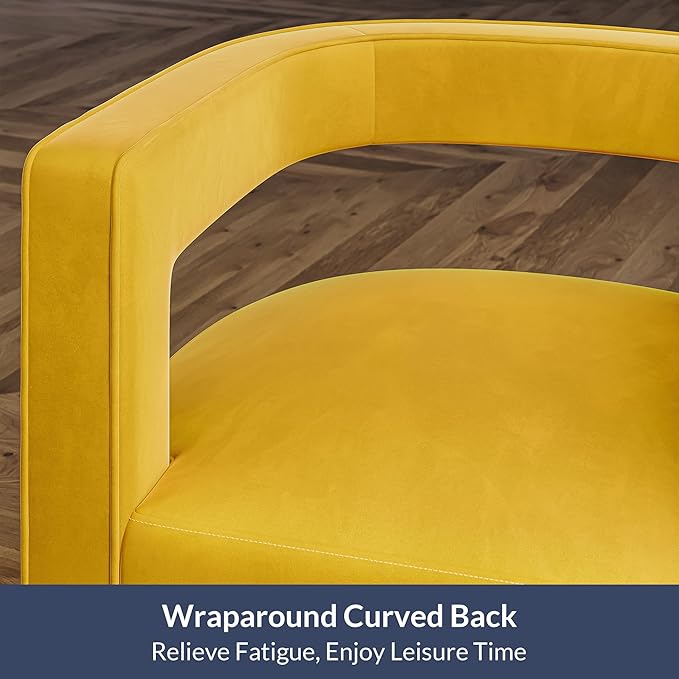 BELLEZE Swivel Barrel Accent Chair Modern Upholstered Arm Comfy Velvet Curved Back Round Chair with Gold Base Wood Frame 360 Degree for Living Room Bedroom OfficeYellow