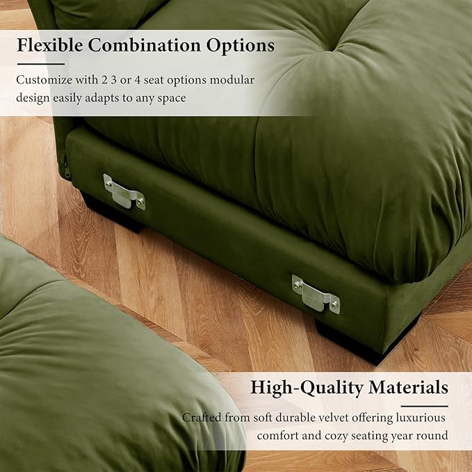 166 Oversized Couch 4 Seater Modular Sectional Sofa Olive Green Large L Shaped Sectional Couches for Living Room Fluffy Couch Set 4 Seater Velvet Cloud with Ottoman Sofas for Living Room