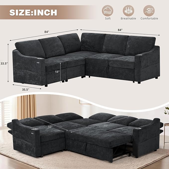 84 Chenille Modular Sleeper Sofa with Adjustable Backrests Convertible Corner Sofa with USB Ports L-Shape Sectional Couch with Pull-Out Bed &amp Storage Space for House Living Room Black