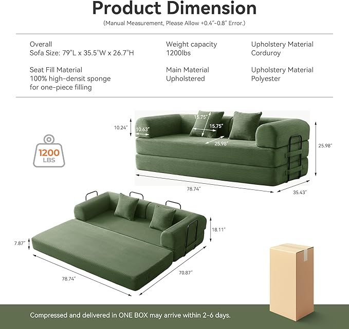 Convertible Floor Sofa Bed with Fixed-Shape Frame King Size Floor Sleeper 5-in-1 DIY Combination Modular Sofa Modular Chenille Folding Mattress Couch for Living Room Bedroom Playroom (Green)