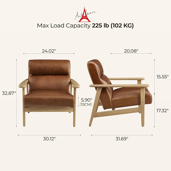 Art Leon Genuine Leather Recliner Chair with Arms 105° Ergonomic Design &amp Solid Wood Frame - Premium Leather Lounge Chair for Living Room Office Man Cave (Brown)