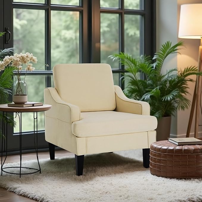 Modern Accent Chair for Bedroom Upholstered Reading Chair with Side Pockets Comfy Living Room Chairs Living Room Armchair for Office Apartment Small Room (Beige)