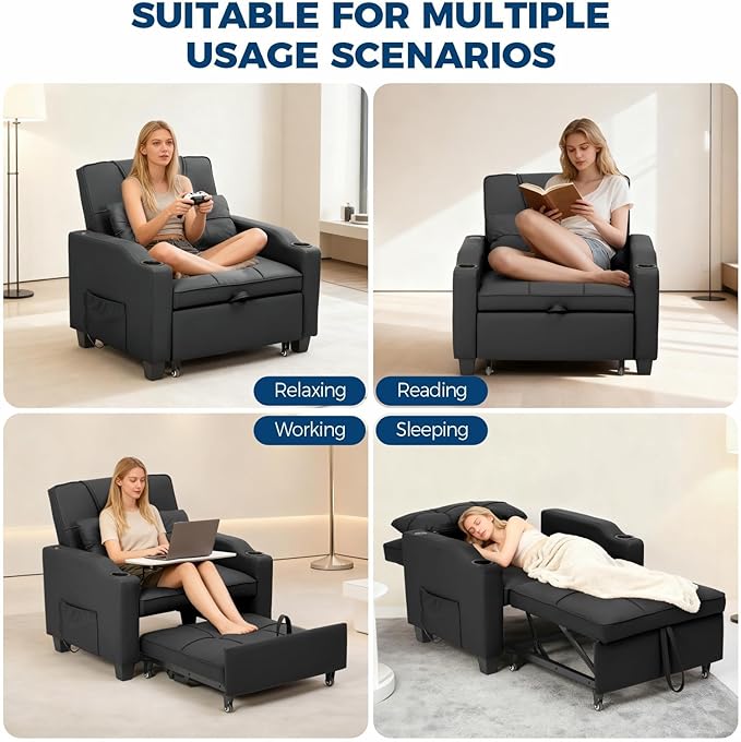 Convertible Sleeper Chair Pull Out Bed Single Sofa Recliner with Vibration Massage Lumbar Pillow USB/Type-c Ports Cup Holders &amp Side Pocket
