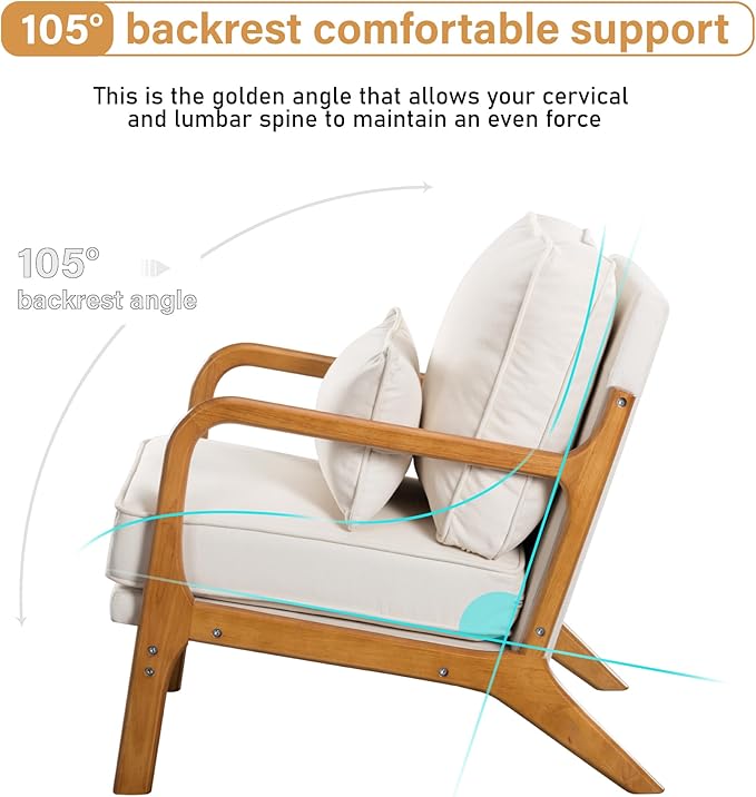Accent Chair with Cushion Mid-Century Modern Upholstered Single Reading Armchair with Linen Fabric + Solid Wood Frame for Living Room Bedroom Lounge Balcony (Beige)