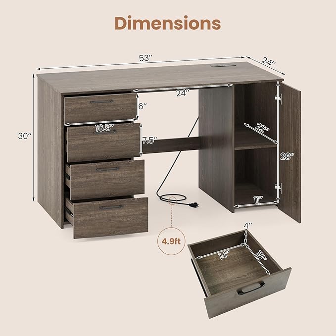 Computer Desk with Drawers 53’’ Study Table with Storage Cabinet &amp Power Outlet Wood Makeup Vanity Table Modern Writing Desk for Study Home Office Living Room Bedroom (Gray 53'')