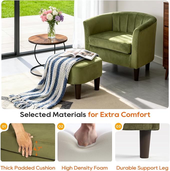 PayLessHere Accent Chair with Ottoman Cozy Velvet Armchair for Reading and Relaxing Modern Living Room Chair for Bedroom Living Room &amp Apartment (Green)