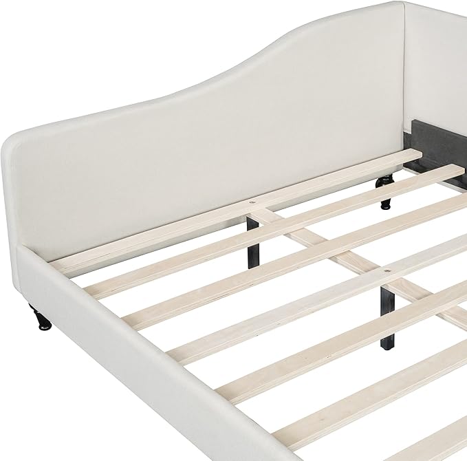 Merax Full Size Bed Frame daybed L-Shaped Linen Daybed Corner Sofa with Solid Wood Legs for Living Room Guest Room No Box Spring Needed Beige