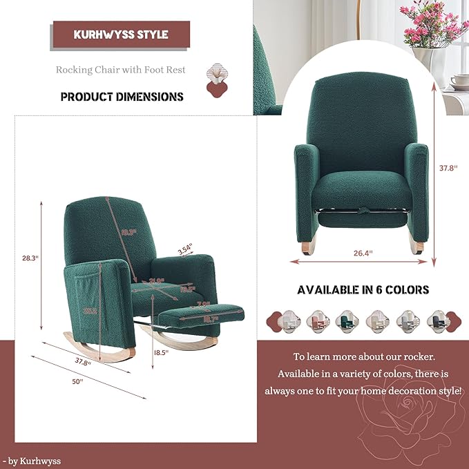 Modern Rocking Chair Nursery Comfy Glider Nursery Chair with Foot Rest Upholstered Rocker with Pocket Accent Reading Armchair with Solid Wood Base for Living Room Bedroom Lounge Room (Green)