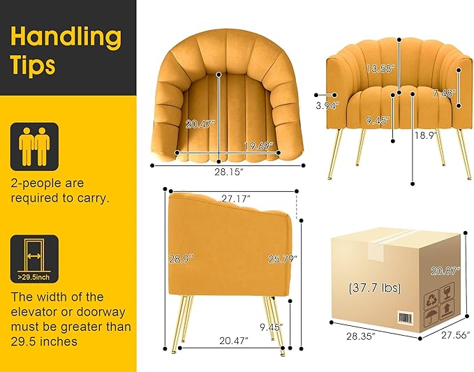 Oversized Pumpkin Couch Accent Chair Modern Comfy Velvet Upholstered Barrel Chairs Luxury Single Sofa Armchair for Living Room Waiting Room Office and Vanity (Mustard)