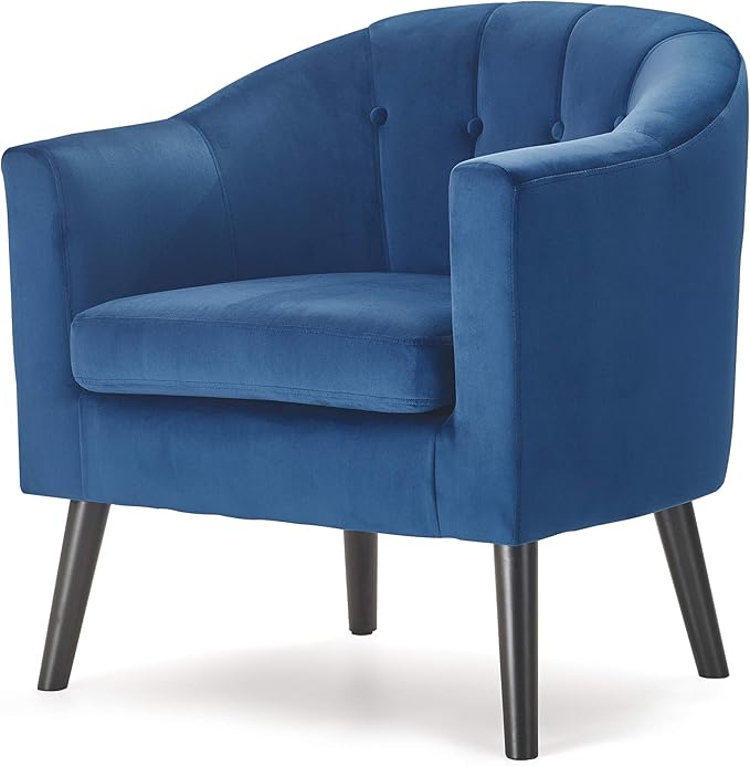 Ivey Barrel Chair Button Tufted Plush Back Cushion Luxury Black Wooden Legs Modern Living Room Upholstery Accent Furniture Blue Velvet