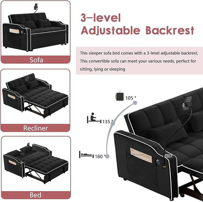 3 in 1 Convertible Sofa Bed Velvet Pull Out Couch Bed w/ Adjustable Back Love Seat Sleeper Beds w/ USB Ports &amp Cup Holders Phone Stand Full Size Futon Couch for Living Room Small Spaces (Black