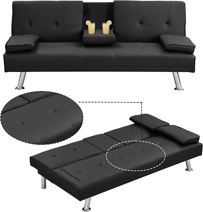 Futon Sofa Bed Modern Folding Couch for Small Space Faux Leather Convertible Loveseat Sleeper Bed Daybed Recliner Lounge Sofas for Living Room2 Cup HoldersMetal LegsRemovable Armrests (Black)