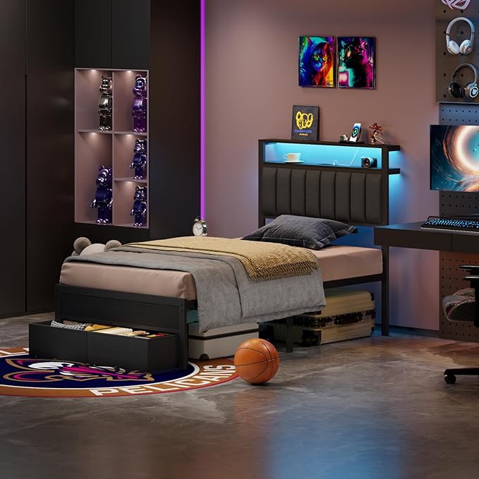 Furnulem Twin Bed Frames with Charging Station and LED Lights Grey Upholstered Headboard with Shelves Metal Platform Bed with 2 Under-Bed Storage (Fabric Drawer on Wheels) No Box Spring Needed