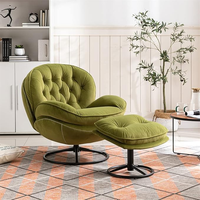 Velvet Swivel Accent Chair with Ottoman Set Modern Lounge Chair with Footrest Comfy Armchair with 360 Degree Swiveling for Living Room Bedroom Reading Room Home Office Metal Base Frame Yellow