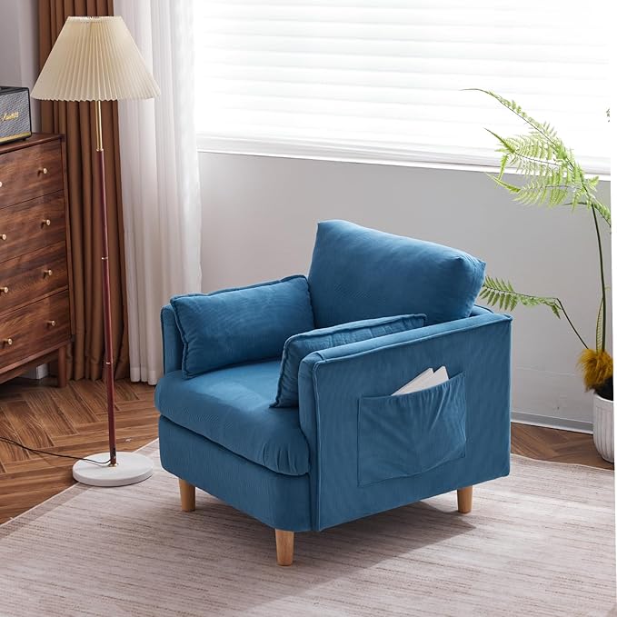 29.5 W Modern Fabric Decorative Chair Armchair Upholstered Reading Chair Single Sofa Casual Club Chair with Solid Wooden Feet and 2 Pillow for living room bedroom bed room office corduroy fabric