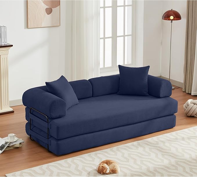 Convertible Sleeper Sofa Bed with Cylindrical Pillow Corduroy Folding Boneless Couch with Fixed-Shape Frame Floor Sofa Lounge Couch for Living Room Bedroom Lounge Studio-Blue