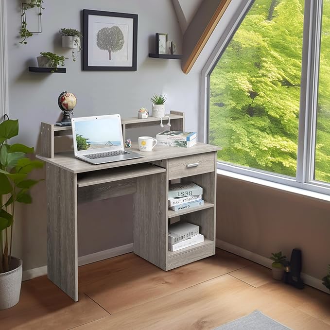Karl home Computer Desk Study Writing Desk Wooden Home Office Workstation PC Laptop Table with Drawer Shelf Keyboard Tray Grey