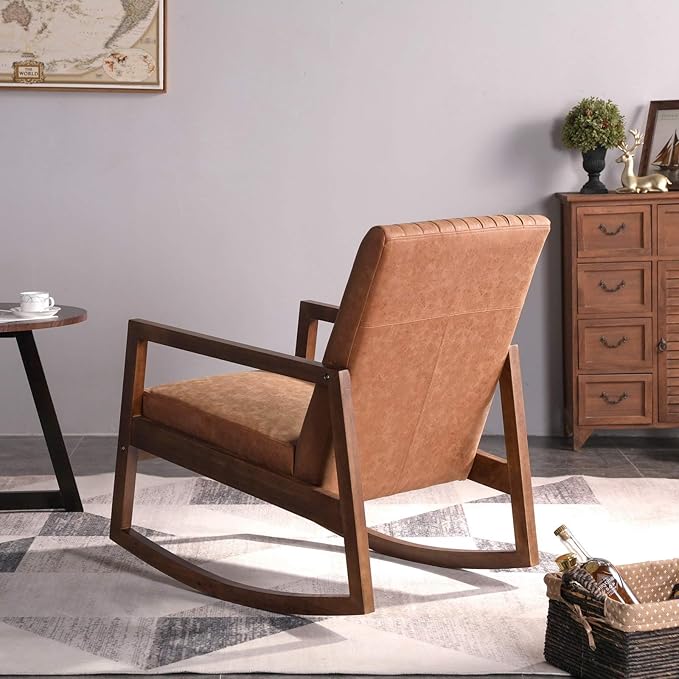 Mid Century Rocking Chair with Wood Frames Faux Leather Upholstered Farmhouse Living Room Chair for Living Room Bedroom Burnt Orange