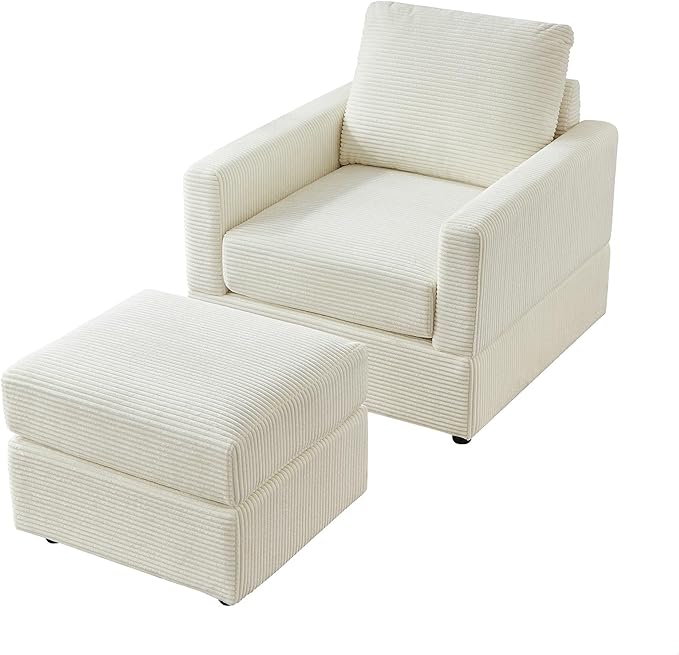 GDFStudio 32 Single Seat Sofa Couch Corduroy Comfy Deep Seat Sofa Sleeper Sofa Bed Chaise Couch Chair with Ottoman Removable Footrest Oversized Armchair for Living Room Beige