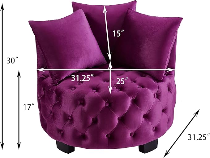 Velvet Accent Lounge Chair - 31.25''W Upholstered Button Tufted Velvet Barrel Chair with 3 Pillows with Button Tufted Modern Round Club Chair Reading Sofa Chair (Violet)