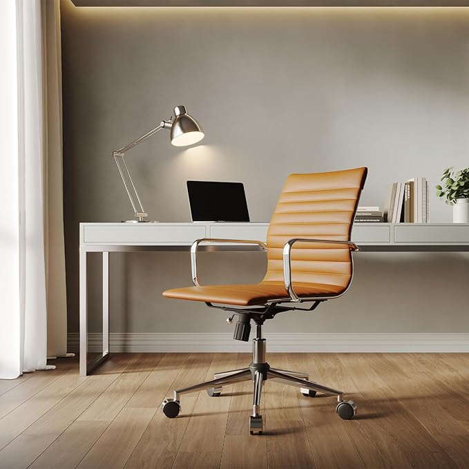 Ergonomic Office Chair with Lumbar Support Adjustable Swivel Mid Back Desk Chair PU Leather Computer Task Chair for Home Office 360° Rolling Terracotta