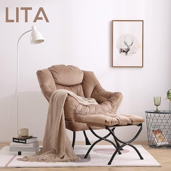 LITA Lazy Chair with Ottoman Modern Accent Leisure Upholstered Sofa Chair Contemporary Lounge Reading Chairs with Armrests and a Side Pocket for Living Room Bedroom &amp Small Space Dark Brown