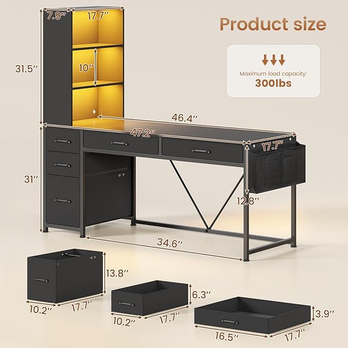 SEDETA Computer Gaming Desk with 5 Drawers and Bookshelf Reversible Home Office Desk with Storage Shelves and File Drawer Corner Desk with LED Lights for Small Spaces Black