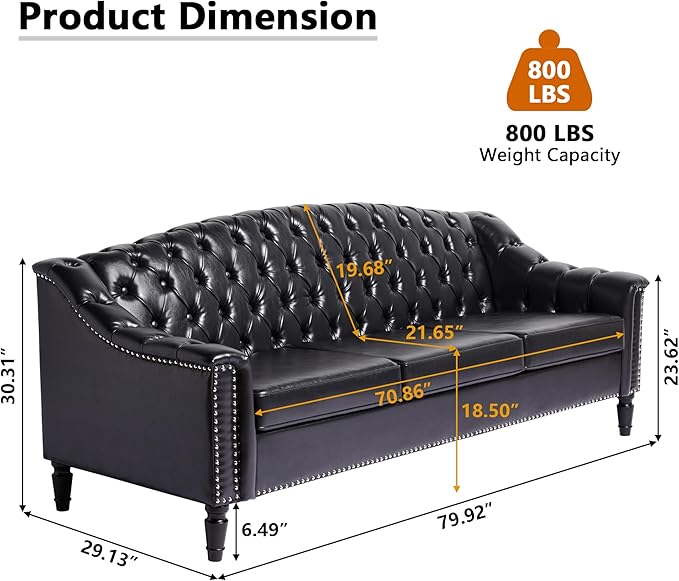 AVZEAR 3 Seater Large Sofa Chesterfield Sofa Set 80 Mid-Century Modern PU Sofa Upholstered Couch with Nailhead Trim and Button Tufted for Living Room Office Bedroom Black