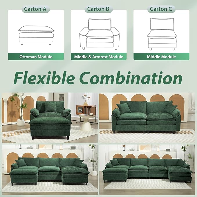Oversized Modular Sectional Sofa 146.5 Inch U Shaped Cloud Couch Set 4-Seat Comfy Convertible Sofa with 2 Movable Ottoman DIY Combination Sleeper Couch for Living Room(Chenille Green)
