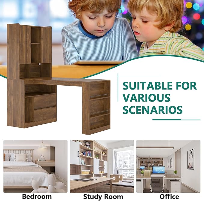 Anwick L Shaped Desk with Hutch Corner Computer Desk with Charging Station &amp Bookshelf &amp File Drawer Standing L Shape Desks for Home Office Bedroom Gaming Room Study Room (Wood-2)