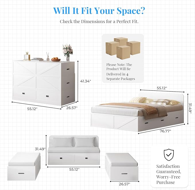PUREMIND Murphy Bed Full with Mattress Included Wood Cabinet Bed with Dual Storage Drawers &amp 2 Pillows 3-in-1 Convertible Sofa Beds for Small Space Guest Room White