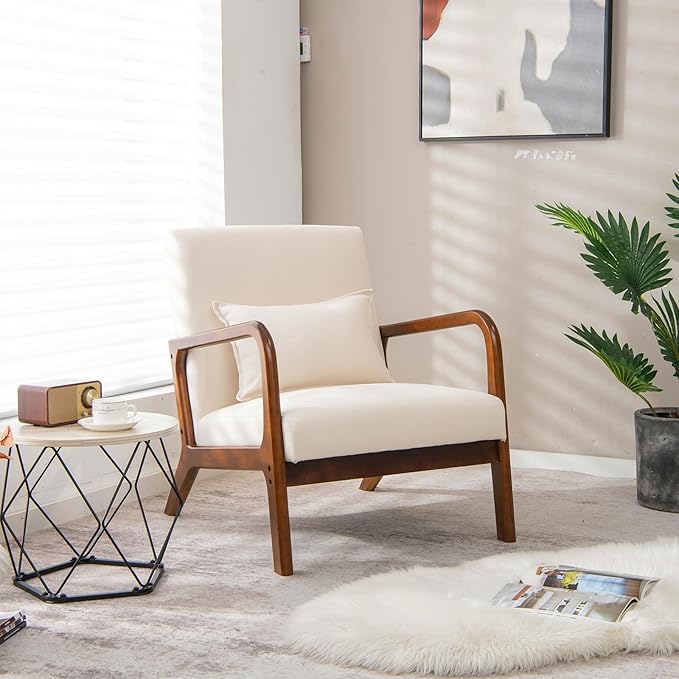 GORELAX Mid Century Modern Accent Chair Upholstered Lounge Armchair with Wood Frame &amp Lumbar Pillow Comfy Reading Chair for Living Room Bedroom Office (1 Beige)
