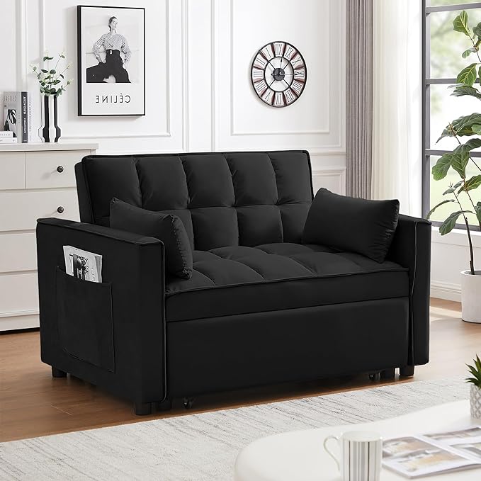 Sleeper Sofa Bed55 Inch Convertible 3-in-1 Pull Out Bed with Side Pockets Velvet Fabric Loveseat Sleeper Sofa with Adjustable Backrest for Living RoomBedroomApartment and Small Space