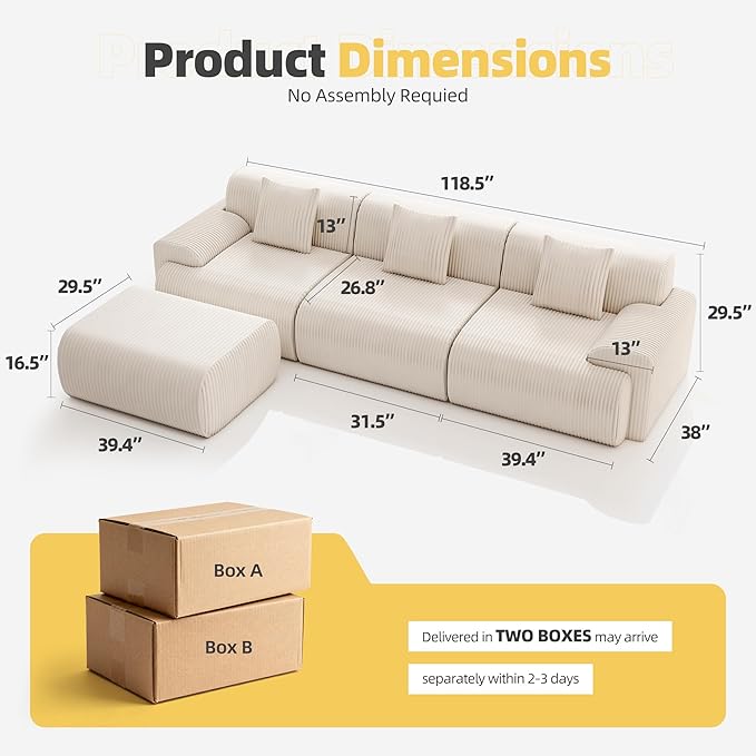 118 Modern L Shaped Modular Sectional Sofa Boneless Cloud Couch with Ottoman Oversized Corduroy Couch Deep Seat 30D Sponge for Indoor Living Room No Assembly Required(Beige)