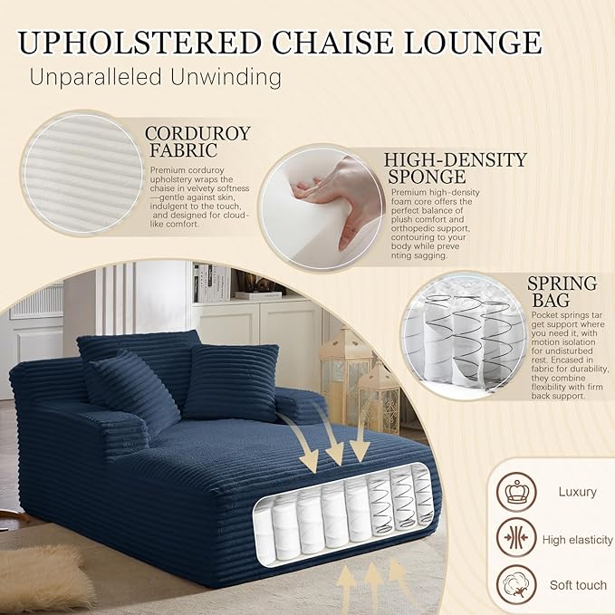 67 Inch Oversized Chaise Lounge Chair IndoorBoneless Corduroy Sofa Bed with Spring CushionDeep Seat Cloud Couch and Reading LoungerSoft Sleeper Sofa for Living RoomNo Assembly Required (Blue)