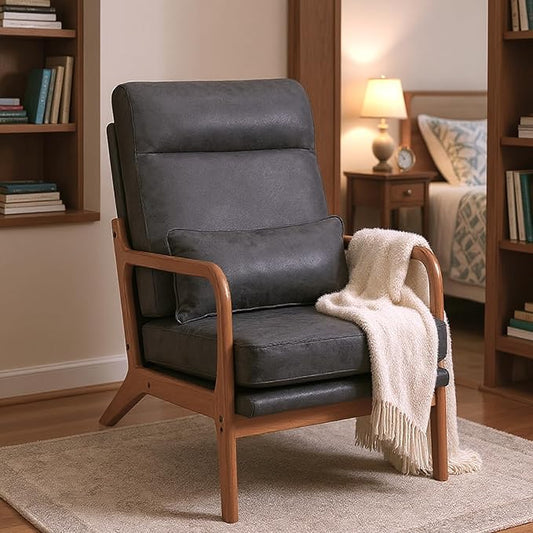 JOYBASE Mid Century Modern Lounge Chair - High Back Wooden Frame Comfortable Reading Chair for Living Room Office Bedroom (Dark Grey Bronzing Cloth)