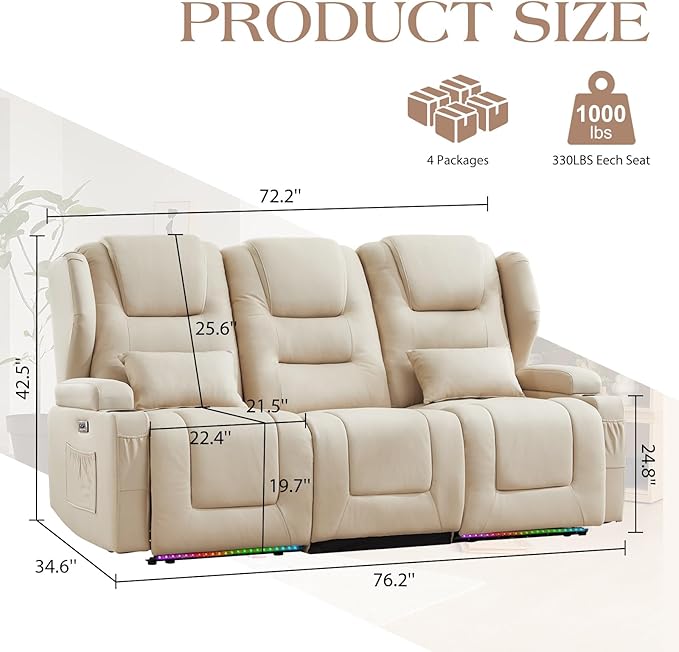 3-Seater Power Recliner Sofa Couch Flip Middle Backrest Reclining Sofa Chair for Living Room with Charging Station/Cup Holders/LED Ambient Light