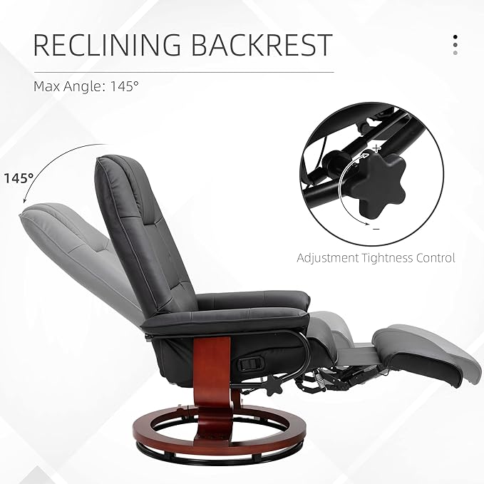 Faux Leather Manual Recliner Adjustable Swivel Lounge Chair with Footrest Armrest and Wrapped Wood Base for Living Room Black